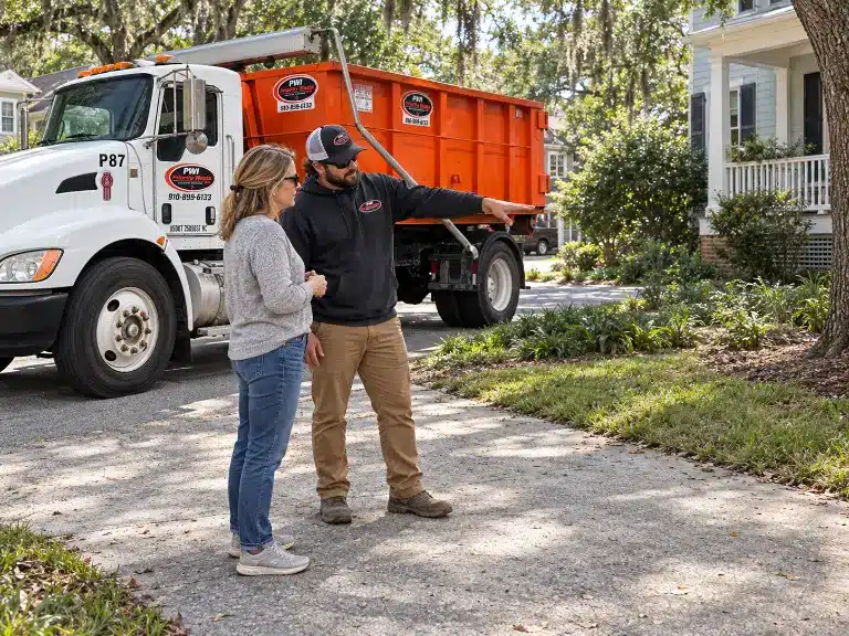 Driver and homeowner discussing where a dumpster will be placed on a Wilmington driveway